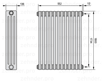 Схема (чертеж) Радиатор Zehnder Charleston 4180/12 №7610 Белый глянцевый RAL 9016